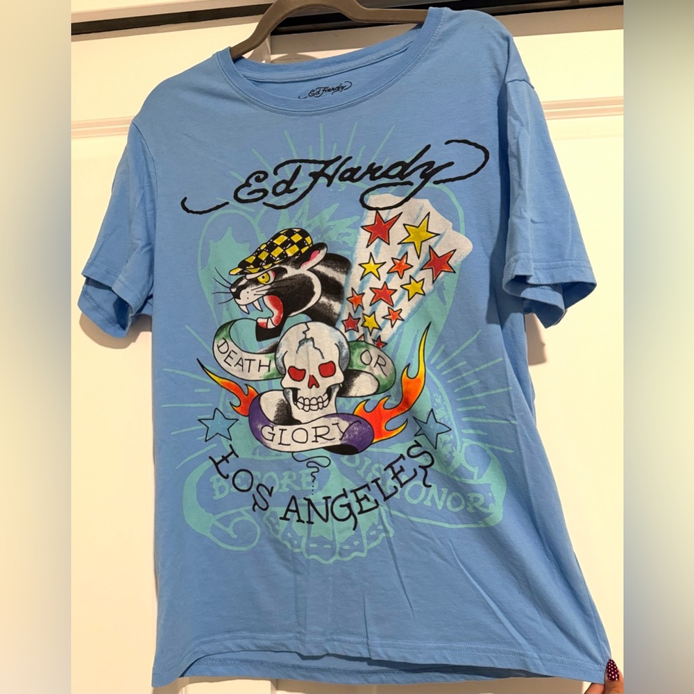 Ed Hardy Los Angeles Graphic T Shirt Blue Skull Tiger Flames Y2K Men’s Large